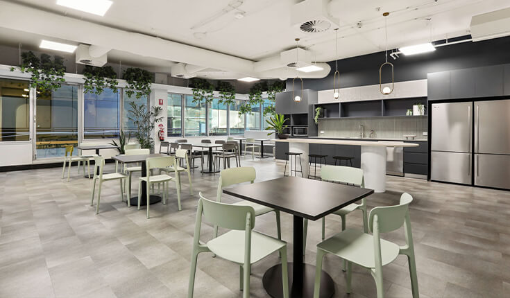 Office pantry and dining area at 33 Argyle Street with seating and kitchen in Australia